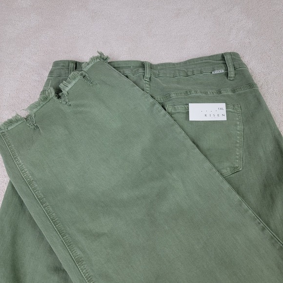 RISEN NEW Women's 1XL Olive High Rise Wide Leg Distressed Raw Hem Denim Jeans - Picture 4 of 12